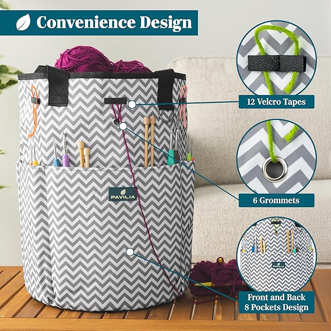 PAVILIA Crochet Bag Knitting Bag Organizer, Yarn Bag Storage Tote for Crocheting On The Go, Knitting Accessories Supplies Holder with Grommets, Gift for Crochet Lovers Knitters (Chevron Gray)