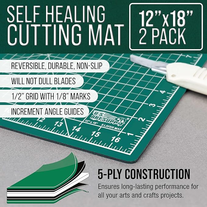 U.S. Art Supply 12" x 18" Self-Healing Cutting Mat 5-Ply (2 Pack) - Double-Sided Green/Black Craft Mat, Non-Slip Cutting Mats for Crafts, Sewing, Quilting, Scrapbooking
