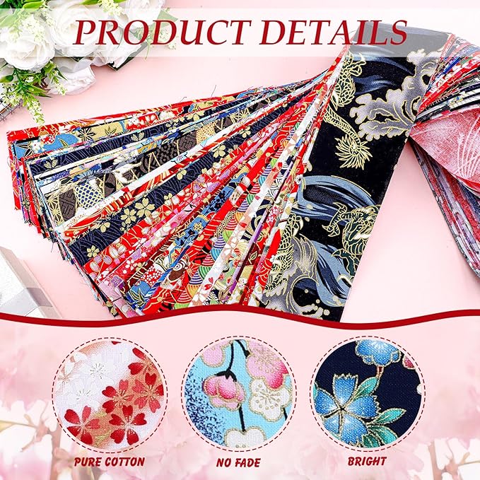 Ganeen 100 Pcs Japanese Quilting Fabric Roll 2. 56 Inch Fabric Squares Jelly Patchwork Precut Strips Bundles for Holiday Materials Craft DIY Sewing Cloths