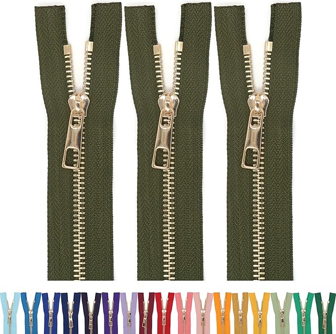 #5 Gold Metal Zipper - 50+ Colors - 3 PCS - (4-14 inches) Sizes - Luxury Lightweight Handcraft Metal Zippers with pulls for Purses Bags Pockets Shoes Sewing & Crafts DIY ZP023512