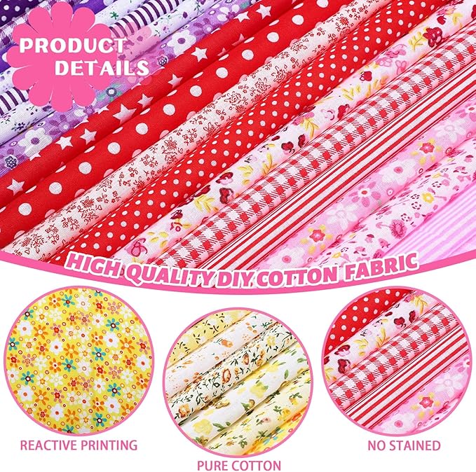 Boyiee 50 Pcs 10 x 10 Inch New Year Spring Quilting Fabric Red Pink Stripe Plaid Dot Homespun Cotton Fabric Jelly Squares Lattice Precut Quilting Strips for Sewing DIY Valentines Craft Patchwork Gifts