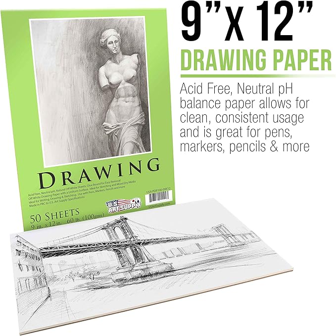 U.S. Art Supply 9" x 12" Premium Drawing Pad, Pack of 2 (50 Sheets Each), 60 lb (100 GSM) - Artist Sketch Book, Mixed Media Paper, Sketchbook for Drawing, Colored Pencils, Charcoal - Adults, Students