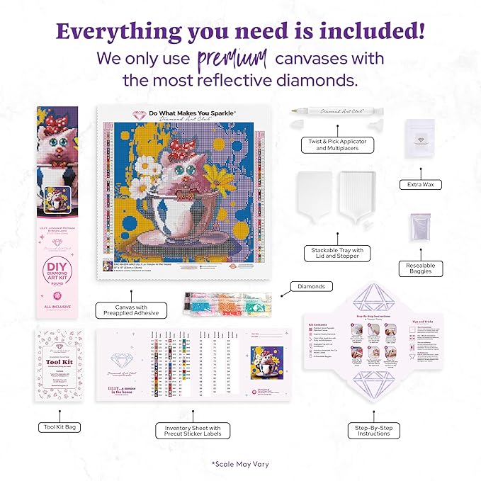DIAMOND ART CLUB Lilly...a Mouse in The House Diamond Painting Kit, Fun DIY Crafts for Adults, Round Diamond Art Canvas, 13" x 13"