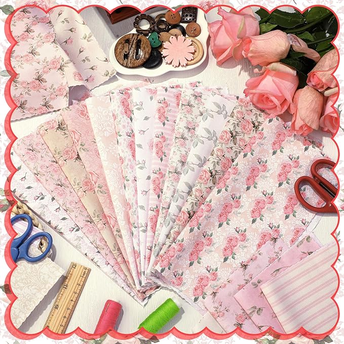 20 Pcs 10''x10'' Vintage Rose Quilting Fabric Square Bundle Retro Floral Precuts Quiltted Fabric Pink and White Printed Patchwork Material Supplies for Holiday Patchwork DIY Sewing Crafts