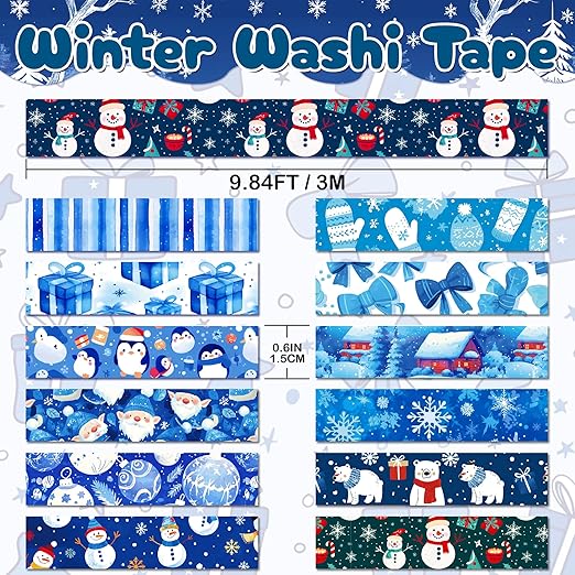 Winter Washi Tape Set,12 Rolls Blue Snowman Holiday Decorative Tape Xmas Ball Gnome Penguin Gift Masking Tape for Journaling Supplies, Journal, Scrapbooking, DIY Arts & Crafts, Gift Wrapping