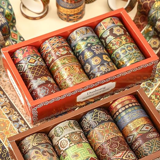 20 Rolls Chinese Style Washi Tape Set, Ancient Palace Pattern Decorative Masking Tapes with Gold Foil, Oriental for Craft, Scrapbook, DIY, Gift Wrapping (11-Crimson Palace Elegance)