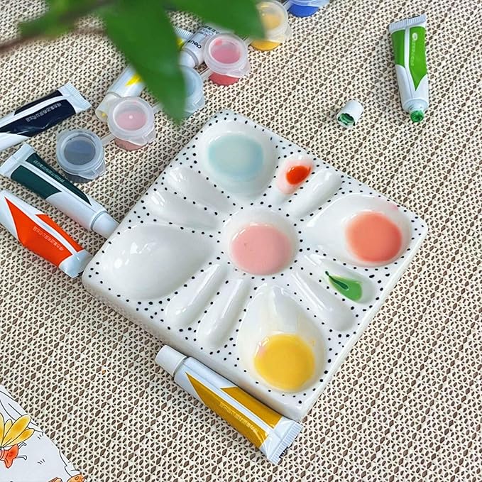Ceramic Watercolor Palette - Whimsical Black Polka Dot Design with Slanted Paint Well, Premium Glazed Ceramic Artist Palette for Watercolor & for Various pigments
