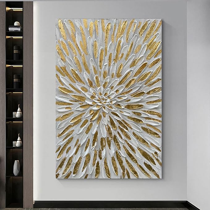 Art Hand-Painted Gold Texture Oil Painting White Flowers Modern Abstract Art Painting 45x30 inch Home Wall Decorative Art