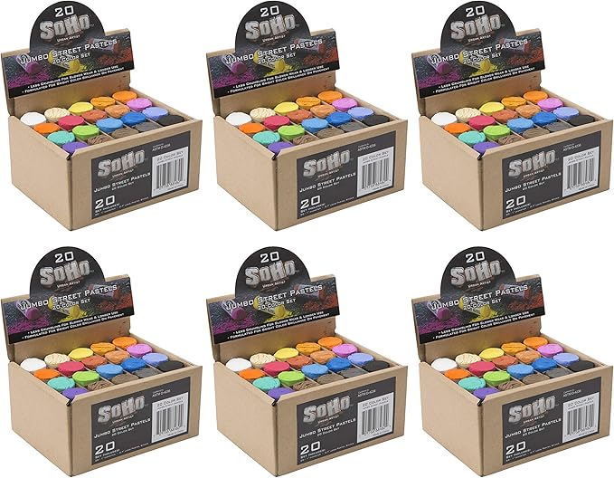 Soho Urban Artist Jumbo Artist Street Pastel Sidewalk Chalk Set - for Pavement, Sidewalks, Concrete, or Brick with Rich Pigments, Bright, Soft, Smooth, and Durable - Set of 20 Assorted Colors - 6 Pack