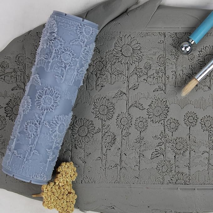 Sunflower Fields Clay Texture Roller (4") - Seamless Meadow Set #01 - Embossing Pattern Roller for Polymer & Ceramic Clay, Pottery & Crafts