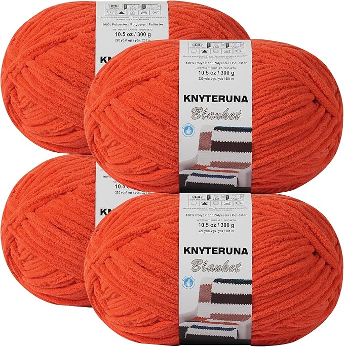 #6 Super Bulky Blanket Yarn for Crocheting - 4 Skeins(Each 10.5oz/300g, 220yds/201m), Chunky Chenille Thick Plush Big Soft Yarn for Crocheting Knitting Blankets, Solar Orange