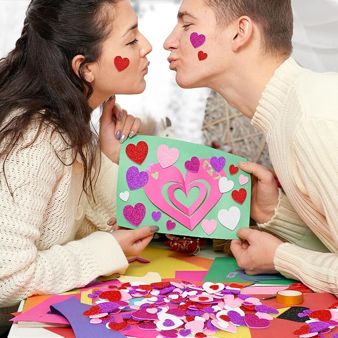 300 PCS Valentines Stickers, Self-Adhesive Foam Heart Stickers Valentines Decor, 3 Sizes Glitter Valentine Crafts, Red Purple Heart Themed Decor for DIY Scrapbooking Cards Craft Supplies
