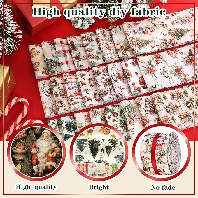 Ganeen 100 Pcs Vintage Christmas Quilting Fabric Roll 2.56 Inch Gingerbread Man Fabric Squares Jelly Patchwork Precut Strips Bundles for Holiday Materials Craft DIY Sewing Cloths