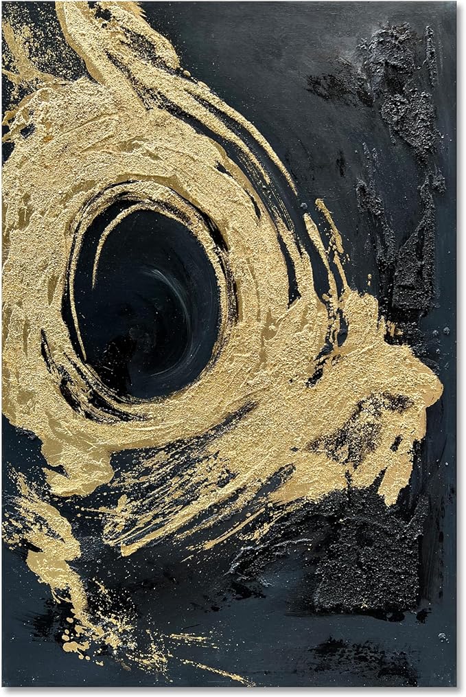 Art Hand-Painted Black and Gold Abstract Texture Oil Painting Modern Canvas Wall Art Deco 45x30 inches