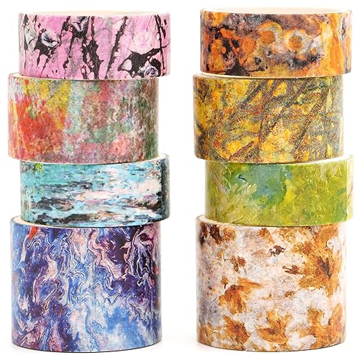 8 Rolls Retro Washi Tape Set Vintage Arts Adhesive Tapes Wide Painting Patterned Decorative Masking Tape Sets for Craft, Kids, Scrapbook, DIY, Gift Wrapping (Mottled Oil Paint)