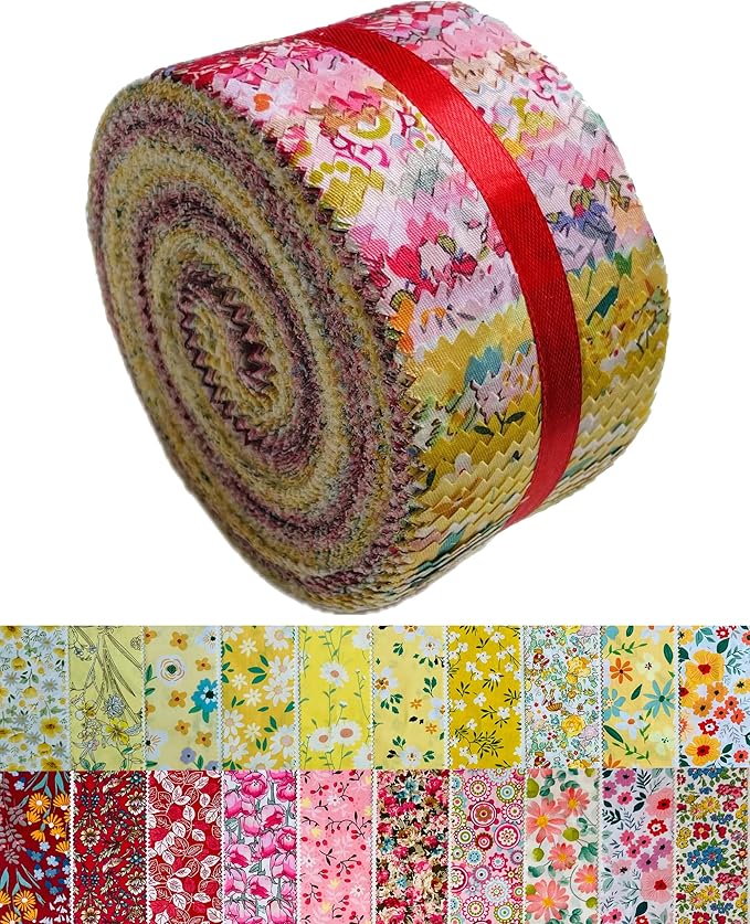 LUMANSUO Jelly Roll Fabric - 20 Assorted Floral Prints, 100% Cotton, 40 Pre-Cut Strips (2.5 x 44 Inch) Fabric for Quilting and Sewing， Bright Sunshine