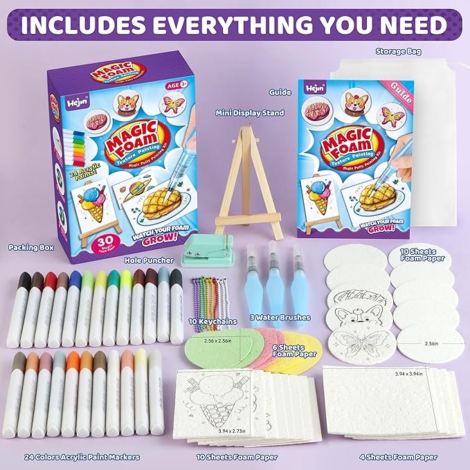 70PCS Magic Foam Texture Painting Kit, Magic Puffy Paint Kit with 30 Foam Texture Paper, 24 Colors Acrylic Paint Markers, Hole Punch Mini Display Stand, 3D Painting Craft Gift for Birthday, Christmas