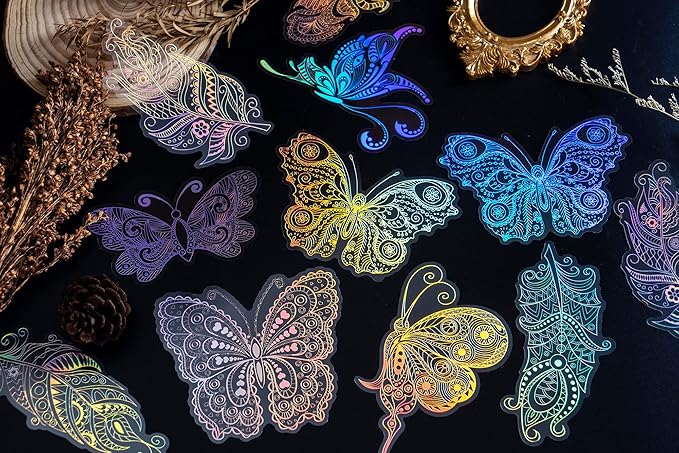 ARTSMONA 80 Pieces Large Size Holographic Stickers, Glitter Shiny Iridescent Transparent Resin Sticker Decals for Scrapbook Junk Journal Bullet Journals Planners Laptops Water Bottles Paper Crafts