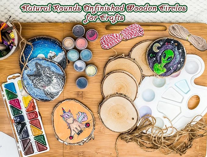 Tioncy 150 Pcs Wood Slices 3"-3.5" Unfinished Wood Rounds with Pre-drilled Hole and 9 Roll Twine String Natural Wooden Circles Hanging Ornaments Craft for Home Decor Painting DIY Party