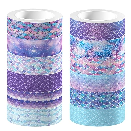 Mermaid Washi Tape Set 12 Rolls, Marine Animal Washi Tape, DIY Decorative Tape for Suitable for Scrapbooking Decorations, Art journaling Accessories, and Craft Projects