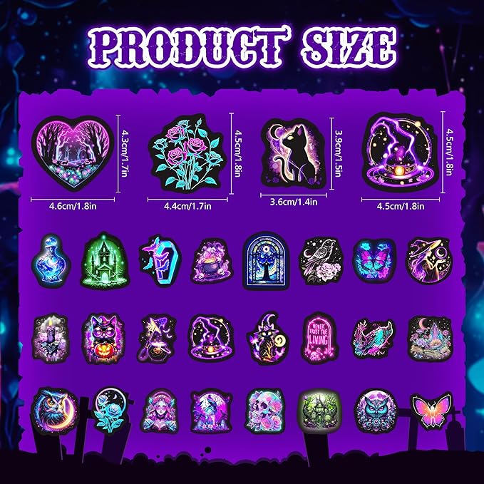 60 Pcs Glow in The Dark Neon Halloween Stickers for Kids, Waterproof Witches Magic Decals for Water Bottle, Vinyl Laptop Decor for Teens Girls Boys, Students Classroom Prizes