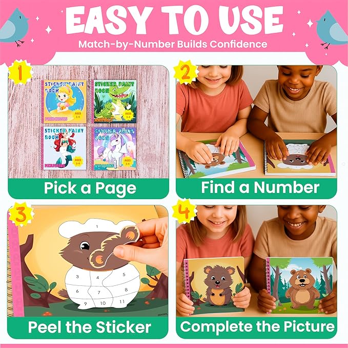 BulbaCraft 4Pcs Sticker Paint Books - Sticker Books by Number with Mermaids, Princesses, Animals and Unicorns - Coloring Activity