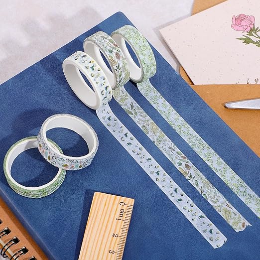 5 Rolls Cute Washi Tape, Green Floral Tape Creative Greens Thrive Decorative Tapes Skinny Slim Masking Tapes for Arts, DIY Crafts, Bullet Journals, Planners, Scrapbooking, Wrapping