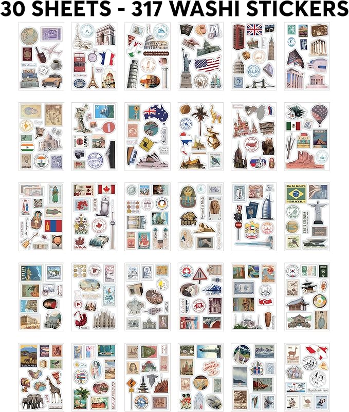 300+ Travel Stickers for Scrapbooking & 20 A5 Papers - Pre-Cut Washi Stickers for Journaling, Vintage Travel Scrapbooking Supplies, Junk Journals Stickers