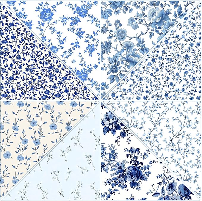 Tatuo 30 Pcs 10 x 10 Inches Blue and White Floral Cotton Fabric Quilting Bundle Squares Patchwork Floral Fabric Sewing Quilting Bundles Assorted Pattern Cloth for DIY Scrapbook Craft Making