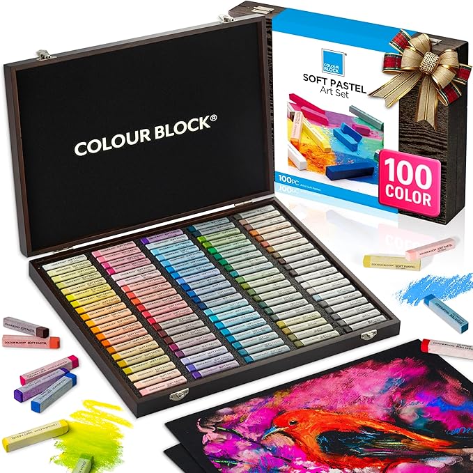 COLOUR BLOCK Soft Pastels for Artists - 100 Colors Square Chalk Pastels Set in Wooden Box - Vibrant Pigments Art Kit for Painting, Drawing, Sketching, Hobbyists, Students.