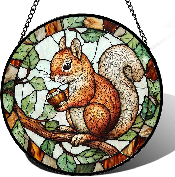 Stained Glass Window Hanging, Squirrel on a Branch Suncatcher Diamond Glass Panel Animal Sun Catchers Decor for Birthday for Women, Men, Wife, Aunt, and Mom 14.9x14.9 in