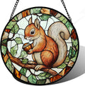 Stained Glass Window Hanging, Squirrel on a Branch Suncatcher Diamond Glass Panel Animal Sun Catchers Decor for Birthday for Women, Men, Wife, Aunt, and Mom 14.9x14.9 in