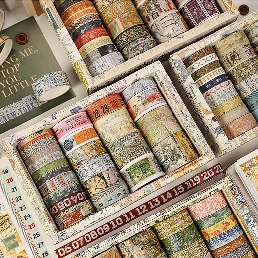 Vintage Washi Tape Set - 24 Rolls Arts Adhesive Tapes Assorted Retro Decorative Masking Tape Sets for Craft, Kids, Scrapbook, DIY, Gift Wrapping (7-Daily Vintage)