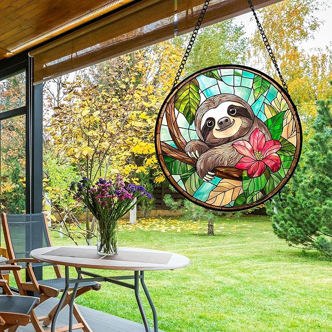 Stained Glass Window Hanging, Cute Sloth Sun Catcher for Door Home Decor Animal Suncatcher Christmas Mother's Day Birthday Gifts for Women Men Mom and Nana 6.3 in