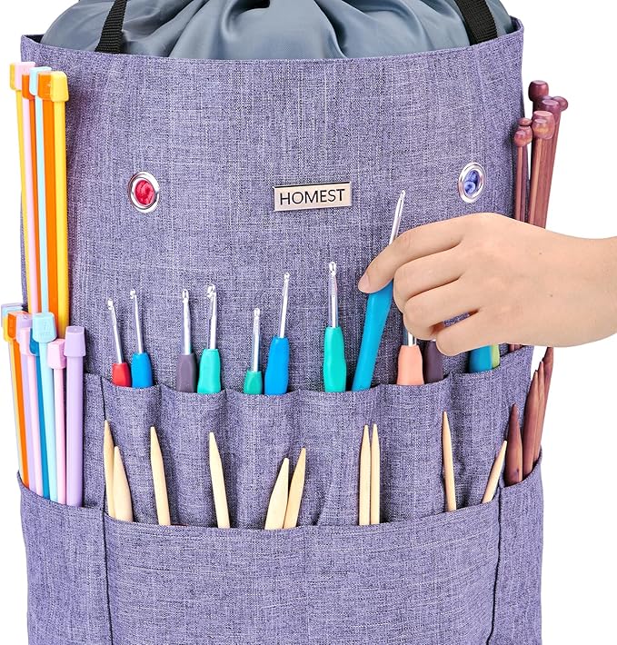 HOMEST Large Crochet Bag with Customized Front Compartment for Knitting Accessories, Yarn Storage with 6 Oversized Grommets, Tote Organizer with Drawstring Closure, Purple