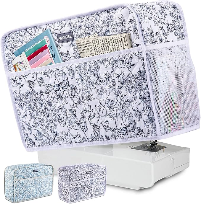 AMOIGEE Sewing Machine Cover for Brother, Singer, Janome – Quilted Dust Cover with Storage Pockets, Padded Protective Sewing Machine Case Fits Most Standard Sewing Machines (17" x 7" x 12")