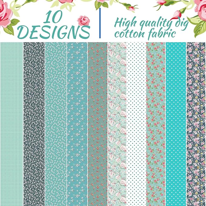 50 Pcs Green Blue Floral Jelly Fabric Strips Roll for Quilting Crafting Spring Summer Flower Precut Patchwork for Sewing DIY Crafts 2.55 Inch Polyester-Cotton Fabric Bundles