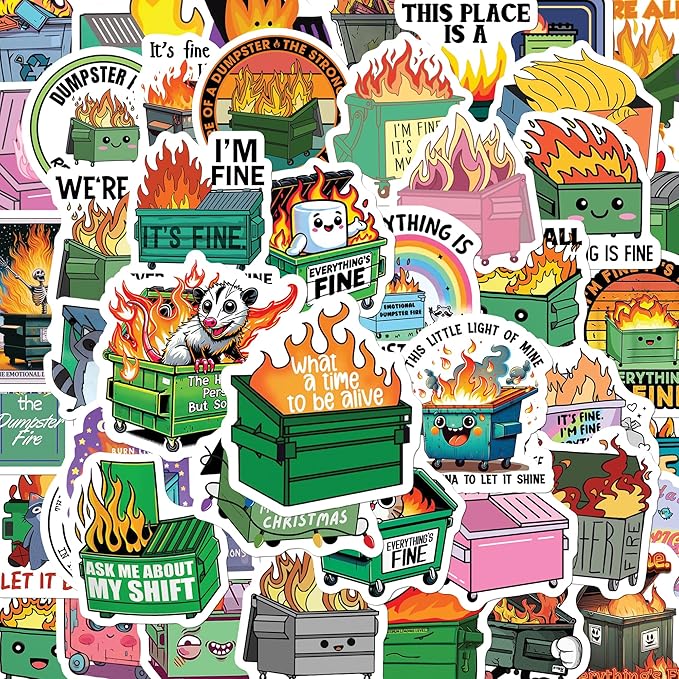 BEATRI Dumpster fire Stickers 50Pcs Vinyl Waterproof Decals for Water Bottles, Journaling,Laptop, Skateboard, Computer, Phone & Travel Gear | Non-Repeating Decals, High-Definition Print
