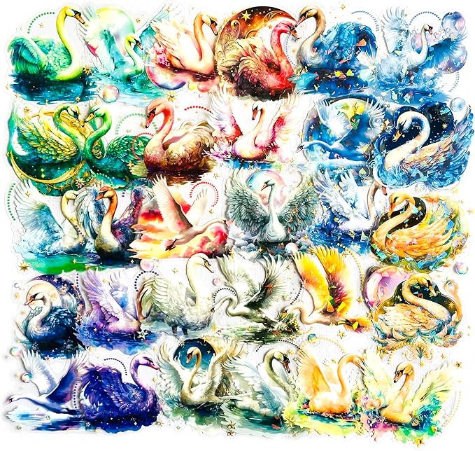 Yoksas Holographic Shiny Fantasy Starry Swan Stickers - 60Pcs Waterproof Clear Glitter Aesthetic Scrapbook Stickers for Junk Journals,Planner,Resin Art Supplies