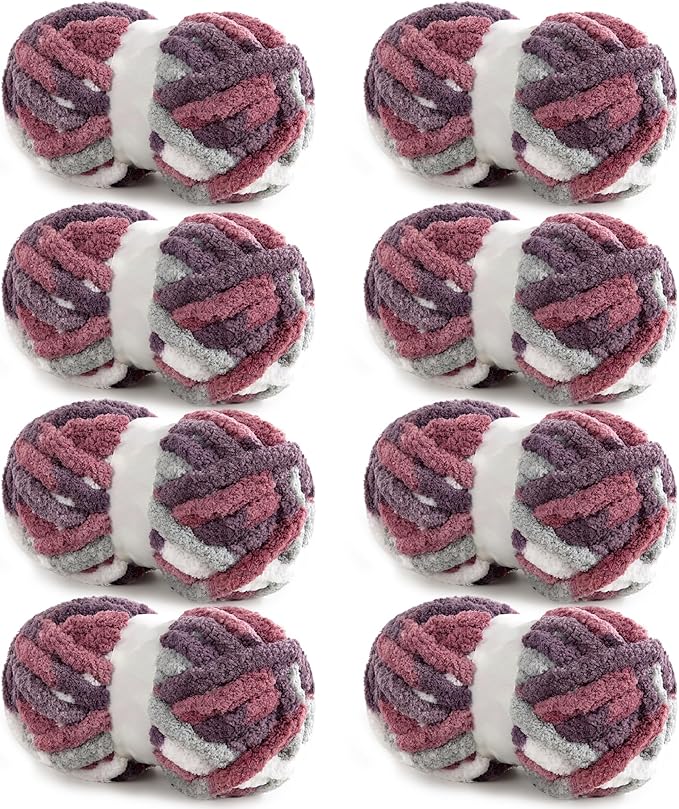 Hombys 8 Pack Giant Chunky Yarn for Crocheting and Knitting,Super Bulky Large Soft Fluffy Tie Dye Plush Fuzzy Mixed Color Thick Chenille Yarn (Red, Purple)