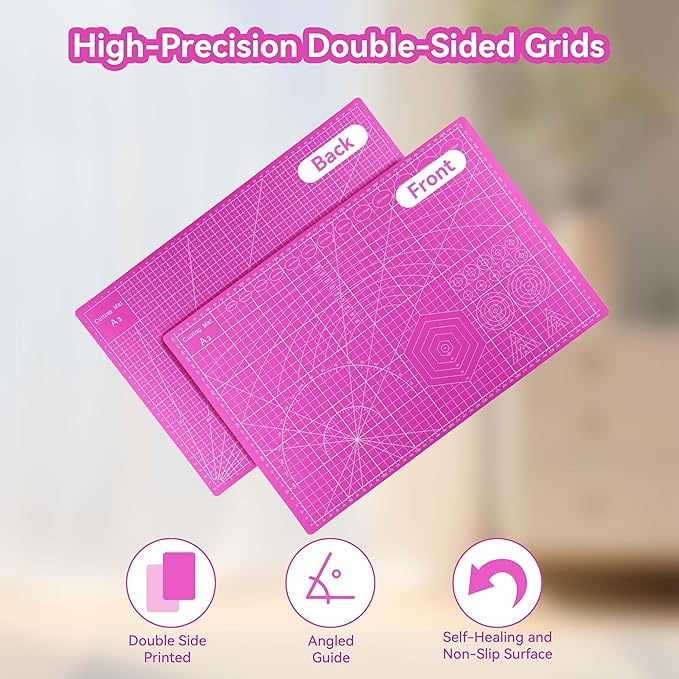 Self Healing Cutting Mat 12x9 inch A4 Size, Double-Sided Grid & Non-Slip Surface for Rotary Cutting, Sewing, Quilting, Craft with 12 Bonus Papers - Pink