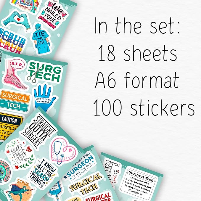 100Pcs Surgical Tech Stickers for Water Bottle, Laptop, Scrub Tech Stickers - Surgical Technologist Gifts Bulk - Gift for Women & Men