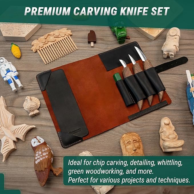 BeaverCraft Wood Carving Knife Set Deluxe S15X - Wood Carving Kit with Detail Chip Knife, Sloyd Roughing Whittling Knives & Leather Strop - Whittling Tools Set with Leather Case for Carvers