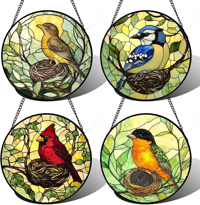 Stained Glass Window Hanging 4 Pcs Set Bird Theme On Branch Large 15" - Cardinal Suncatcher Door Garden Sun Catcher Decor Birthday Christmas for Mom Woman Nana Men