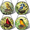 Stained Glass Window Hanging 4 Pcs Set Bird Theme On Branch 6.3" - Cardinal Suncatcher Door Garden Sun Catcher Decor Birthday Christmas for Mom Woman Nana Men