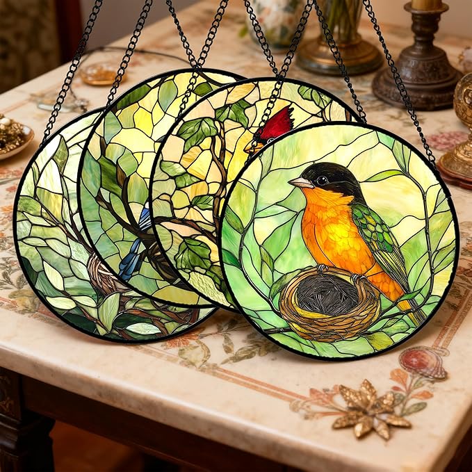 Stained Glass Window Hanging 4 Pcs Set Bird Theme On Branch Large 15" - Cardinal Suncatcher Door Garden Sun Catcher Decor Birthday Christmas for Mom Woman Nana Men