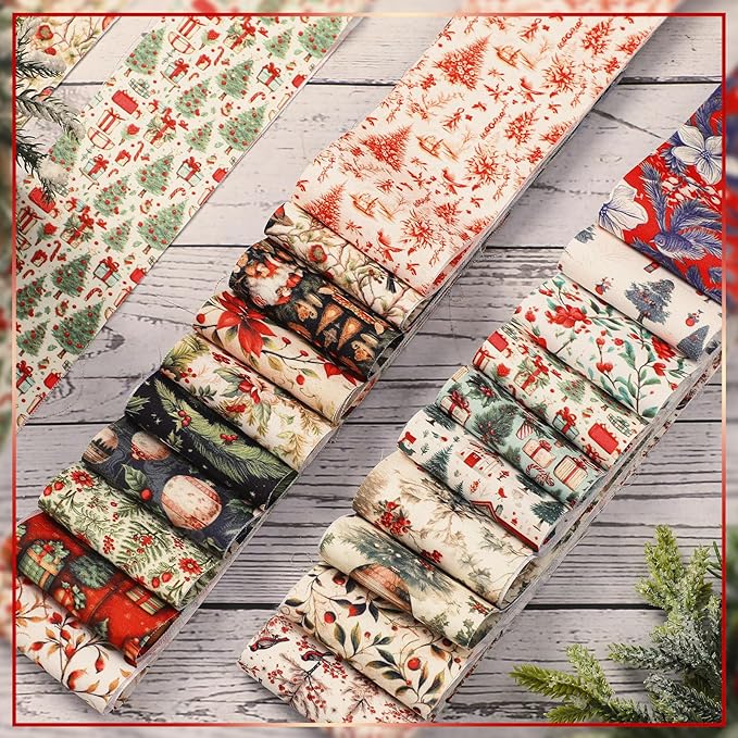 Fanfanwin 40 Pcs Vintage Christmas Quilting Fabric Roll 2.56 Inch Precut Fabric Squares Jelly Patchwork Santa Red Cardinal Poinsettia Strips Materials for Winter Xmas Holiday Craft Sewing Panels DIY