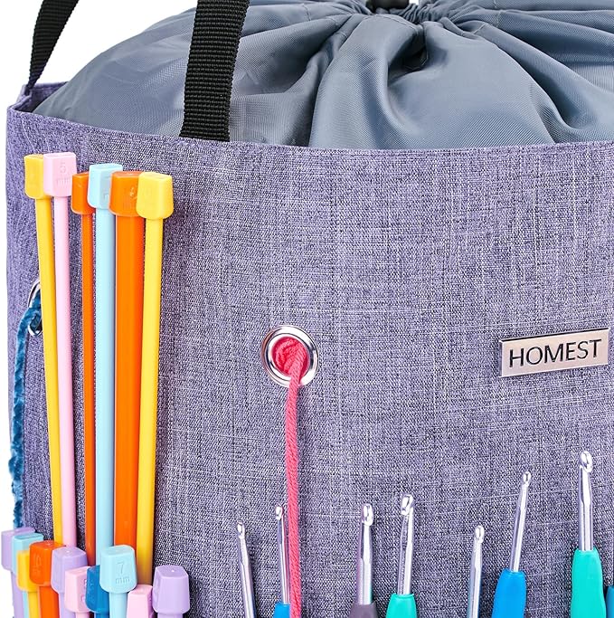 HOMEST Large Crochet Bag with Customized Front Compartment for Knitting Accessories, Yarn Storage with 6 Oversized Grommets, Tote Organizer with Drawstring Closure, Purple