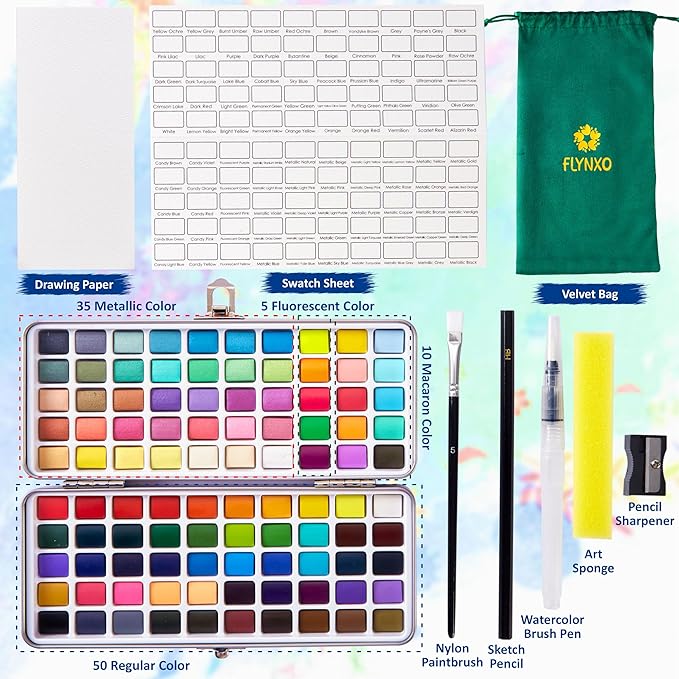 Professional Watercolor Paint Set – 100 Colors Including Metallic, Neon & Candy Shades, Complete Travel Art Kit with Premium Brushes, Palette, Velvet Bag & Accessories
