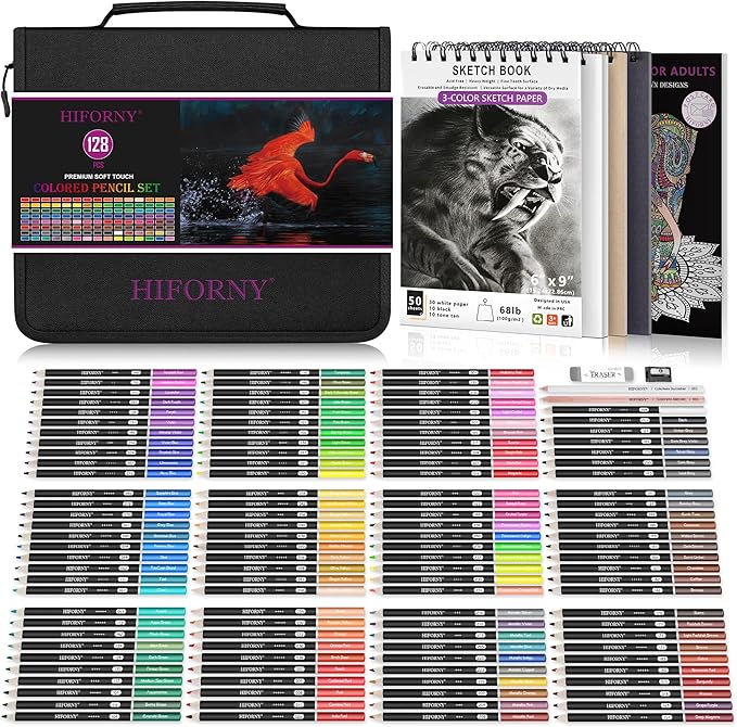 HIFORNY 128 PCS Colored Pencils Set for Adults – 120 Soft Core Coloring Pencils with Sketchbook, Coloring Book, Blender, Burnisher, Eraser, Sharpener & Color Chart – in Durable Zipper Case